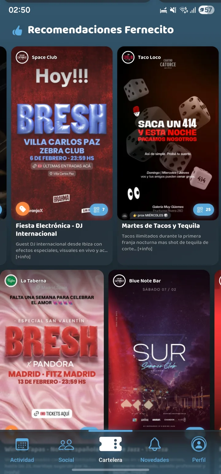 Cartelera de eventos y salidas en Fernecito App