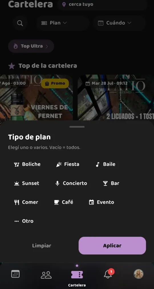 Filtros de Fernecito App por boliche, bar, café, concierto y fecha