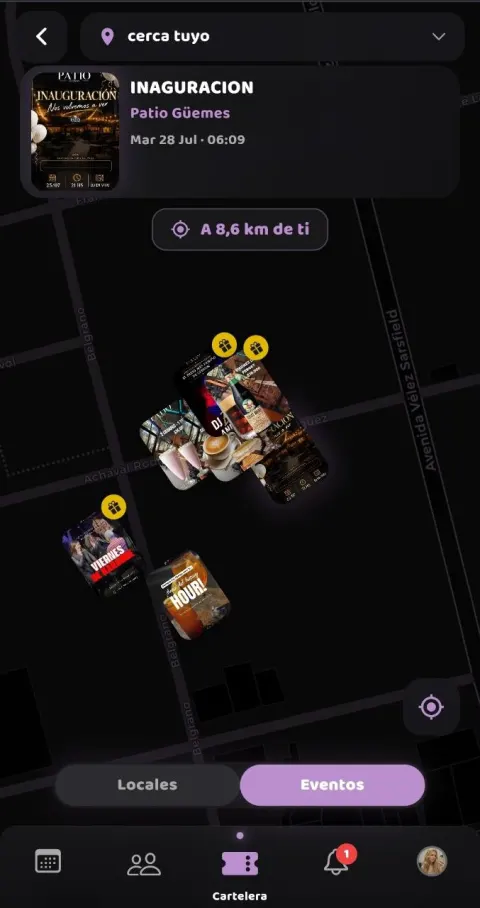 Mapa de eventos cercanos en Fernecito App con distancia real