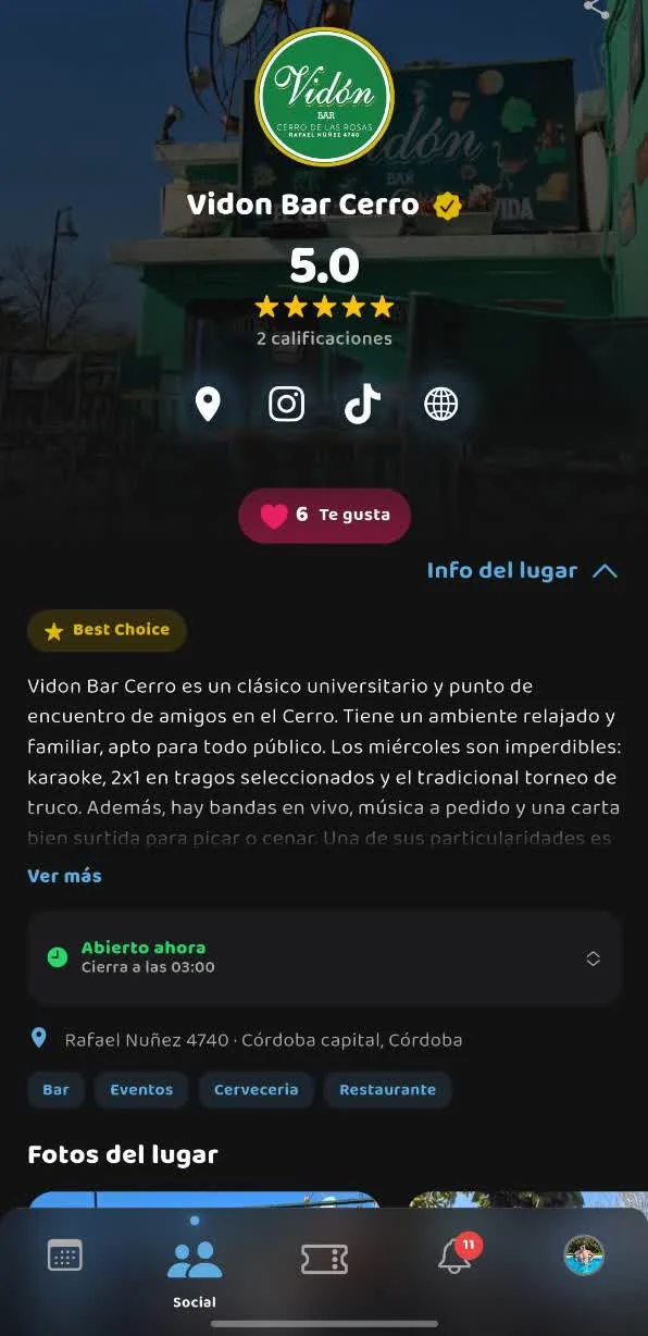 Perfil de local en Fernecito App: Vidon Bar Cerro con rating, redes, horario y dirección