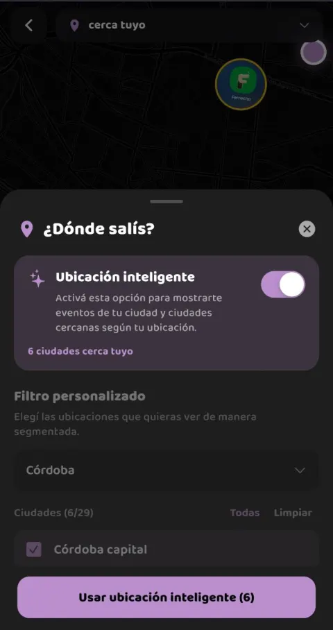 Ubicación inteligente de Fernecito App con ciudades cercanas